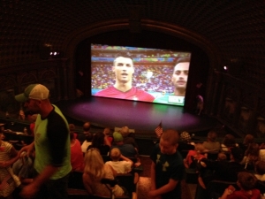 A view from the balcony, just before the game kicked-off. USA vs. Portugal at the Bing Crosby Theater.